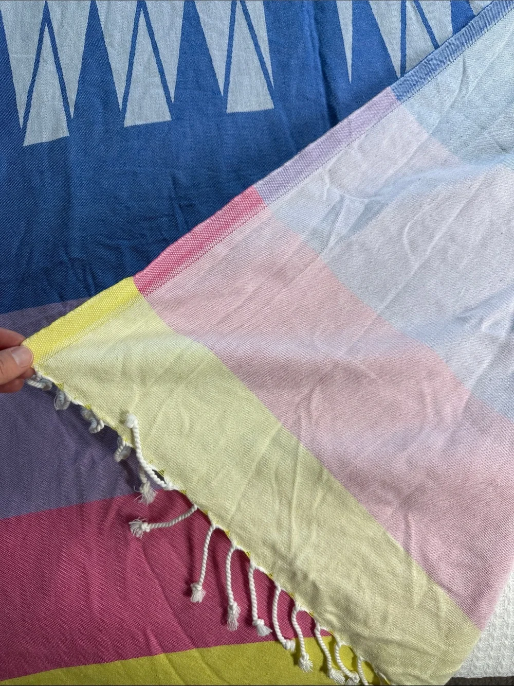 Fun colorful cotton tablecloth with corded fringe blue, white, pink, and yellow